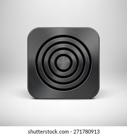 Black abstract technology app icon, button template with circle perforated speaker grill, metal texture (chrome, steel), realistic shadow, light background for applications, apps. Vector illustration.