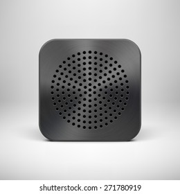 Black abstract technology app icon, button template with circle perforated speaker grill, metal texture (chrome, steel), realistic shadow, light background for applications, apps. Vector illustration.