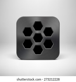 Black abstract technology app icon, button template with polygon perforated speaker grill, metal texture (chrome, steel), realistic shadow, light background for applications, apps. Vector illustration