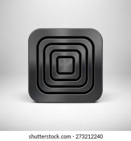 Black abstract technology app icon, button template with square perforated speaker grill, metal texture (chrome, steel), realistic shadow, light background for applications, apps. Vector illustration.