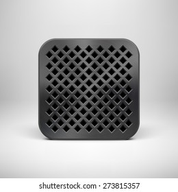 Black abstract technology app icon, button template with square perforated speaker grill, metal texture (chrome, steel), realistic shadow, light background for user interfaces, UI, applications, apps