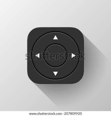 Black abstract technology app icon, joystick button template with arrows, flat designed shadow and light background for user interfaces, UI, applications, apps, and presentations. Vector illustration.