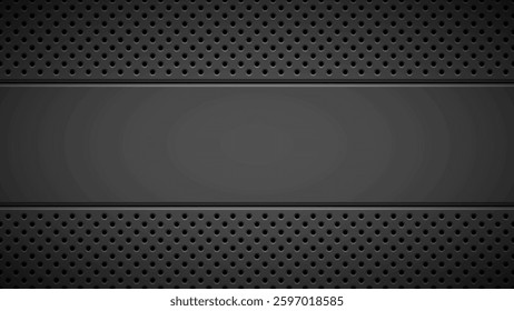 Black abstract technology background with circle perforated pattern, speaker grill texture and horizontal bevels for presentations and design concepts. Vector illustration.