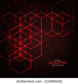 Black abstract technology background.Red glowing lines and hexagons.