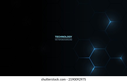 Schwarz-abstrakter Technologie-Hintergrund mit neonblauen hexagonalen Linien. Tech-Gaming-Hexagon, Vektorgrafik-abstrakter Wabenhintergrund.