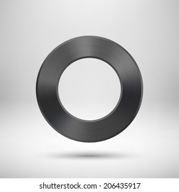 Black abstract technology blank donut button template with metal texture (chrome, steel, silver), realistic shadow and light background for web user interfaces (UI) and applications (apps).