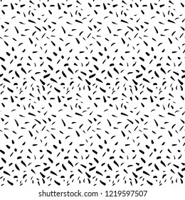 Black abstract texture with dashes or ink blobs. Paint ticks hand drawn background. Pencil, pen, marker ink pattern. Simple angle geometric shapes. Poster or wallpaper design. Vector illustration