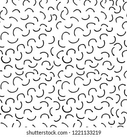 Black abstract texture with dashes or ink blobs. Paint ticks hand drawn background. Pencil, pen, marker ink pattern. Simple angle geometric shapes. Poster or wallpaper design. Vector illustration