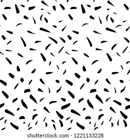 Black abstract texture with dashes or ink blobs. Paint ticks hand drawn background. Pencil, pen, marker ink pattern. Simple angle geometric shapes. Poster or wallpaper design. Vector illustration