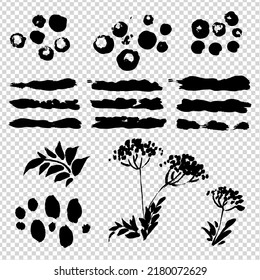 Black abstract texture thin and organic brush strokes on imitation transparent background