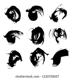 Black abstract textured smears big set isolated on a white background