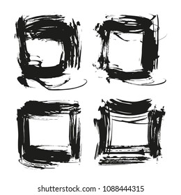 Black abstract textured square frames from thick smears isolated on a white background