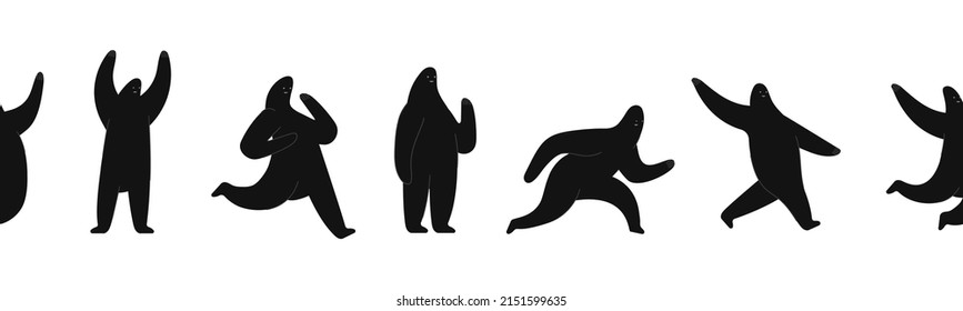 Black abstract trendy characters seamless wall sticker. Cute decorative vector border for design, horizontal print pattern with emotional cartoon silhouettes