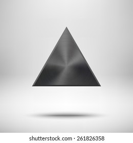 Black abstract triangle badge, technology blank button template with metal texture (chrome, steel), realistic shadow and light background for interfaces, UI, applications, apps. Vector illustration.