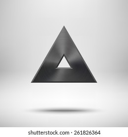 Black abstract triangle badge, technology blank button template with metal texture (chrome, steel), realistic shadow and light background for interfaces, UI, applications, apps. Vector illustration.