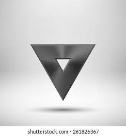 Black abstract triangle badge, technology blank button template with metal texture (chrome, steel), realistic shadow and light background for interfaces, UI, applications, apps. Vector illustration.