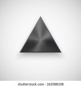 Black abstract triangle badge, technology blank button template with metal texture (chrome, steel), realistic shadow and light background for interfaces, UI, applications, apps. Vector illustration.