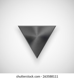 Black abstract triangle badge, technology blank button template with metal texture (chrome, steel), realistic shadow and light background for interfaces, UI, applications, apps. Vector illustration.