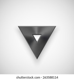 Black abstract triangle badge, technology blank button template with metal texture (chrome, steel), realistic shadow and light background for interfaces, UI, applications, apps. Vector illustration.
