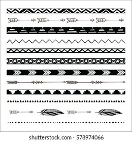 Black abstract tribal decorative seamless pattern borders.  Hand Drawn Vector Illustration. Doodle Style