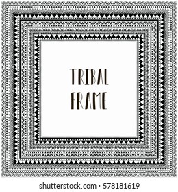 Black Abstract Tribal Frame with Ethnic Patterns. Background. Vector Illustration