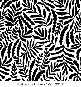 Black abstract tropical seamless pattern with large palm leaves and abstract shapes. Black and white repeated background for fabric or wallpaper design 