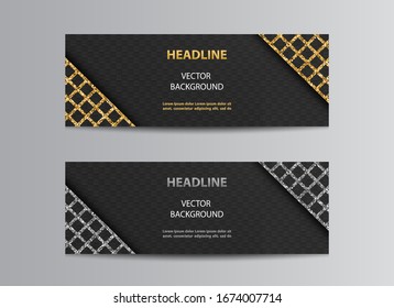 Black abstract vector banner templates with square background and golden or silver glittering lattice angles.