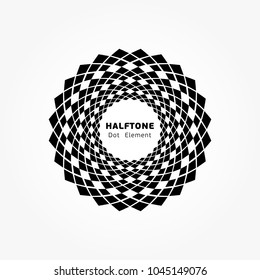 Black abstract vector circle frame halftone dot. Round logo. Technology circle emblem. Design element. Vector dotted frame. Vector illustration.