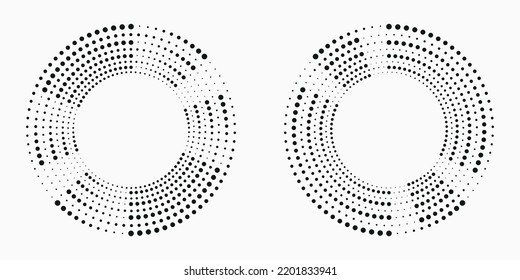 Black abstract vector circle frame halftone dots logo set. Halftone effect vector pattern for your design. Circle dots isolated on the white background for advertisement.