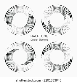 Black abstract vector circle frame halftone dots logo set. Halftone effect vector pattern for your design. Circle dots isolated on the white background for advertisement.