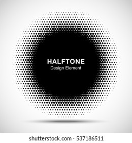 Black Abstract Vector Circle Frame Halftone Dots Logo Emblem Design Element For Medical, Treatment, Cosmetic. Round Border Icon Using Halftone Circle Dots Raster Texture.