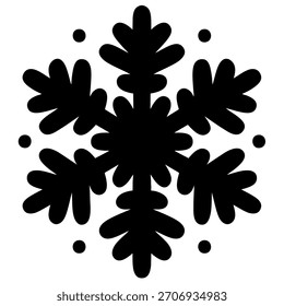 Black abstract vector illustration of snowflake with scattered dots on white background. Minimal winter ornament for holiday design, patterns, greeting cards, stickers seasonal decorations. EPS 10