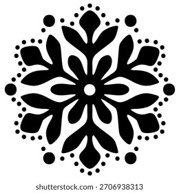 Black abstract vector illustration of snowflake with scattered dots on white background. Minimal winter ornament for holiday design, patterns, greeting cards, stickers seasonal decorations. EPS 10