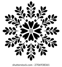 Black abstract vector illustration of snowflake with scattered dots on white background. Minimal winter ornament for holiday design, patterns, greeting cards, stickers seasonal decorations. EPS 10