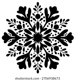 Black abstract vector illustration of snowflake with scattered dots on white background. Minimal winter ornament for holiday design, patterns, greeting cards, stickers seasonal decorations. EPS 10