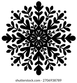 Ilustración vectorial abstracta negra de copo de nieve con puntos dispersos sobre fondo blanco. Ornamento de invierno mínimo para el diseño de vacaciones, patrones, tarjetas de felicitación, pegatinas decoraciones de temporada. EPS 10