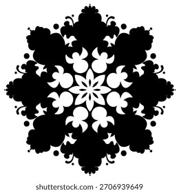 Ilustración vectorial abstracta negra de copo de nieve con puntos dispersos sobre fondo blanco. Ornamento de invierno mínimo para el diseño de vacaciones, patrones, tarjetas de felicitación, pegatinas decoraciones de temporada. EPS 10