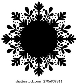 Black abstract vector illustration of snowflake with scattered dots on white background. Minimal winter ornament for holiday design, patterns, greeting cards, stickers seasonal decorations. EPS 10