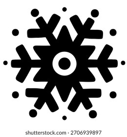 Black abstract vector illustration of snowflake with scattered dots on white background. Minimal winter ornament for holiday design, patterns, greeting cards, stickers seasonal decorations. EPS 10