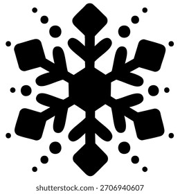 Black abstract vector illustration of snowflake with scattered dots on white background. Minimal winter ornament for holiday design, patterns, greeting cards, stickers seasonal decorations. EPS 10