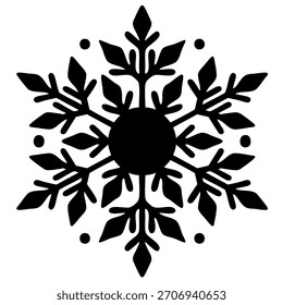 Black abstract vector illustration of snowflake with scattered dots on white background. Minimal winter ornament for holiday design, patterns, greeting cards, stickers seasonal decorations. EPS 10