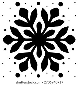 Black abstract vector illustration of snowflake with scattered dots on white background. Minimal winter ornament for holiday design, patterns, greeting cards, stickers seasonal decorations. EPS 10