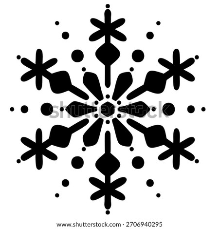 Black abstract vector illustration of snowflake with scattered dots on white background. Minimal winter ornament for holiday design, patterns, greeting cards, stickers seasonal decorations. EPS 10