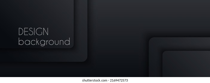 Black abstract vector long banner. Minimal dark gradient background with 3D shapes and copy space for text. Social media cover template
