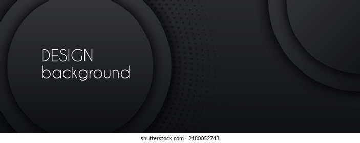 Schwarz abstrakter Vektorlängsbanner. Business minimaler Farbverlauf-Hintergrund mit 3D-Kreisen und Kopienraum für Text. Social Media-Header