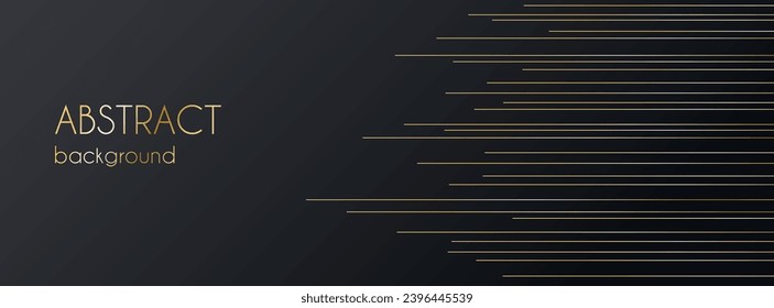 Black abstract vector long banner with golden lines. Minimal luxury creative background with copy space for text. Social media cover, header, web banner