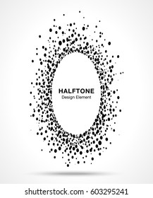 Black abstract vector oval circle frame halftone dots logo emblem design element for medical, treatment, cosmetic. Ellipse border Icon using halftone circle dots raster texture.