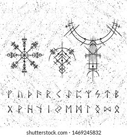 Black abstract viking magic symbols isolated on white grunge background