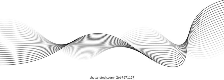 Linha de onda abstrata preta isolada sobre fundo branco. Listras curvas suaves que fluem no estilo de gradiente. Projeto de movimento futurista, padrão geométrico mínimo. Ilustração de vetor gráfico.