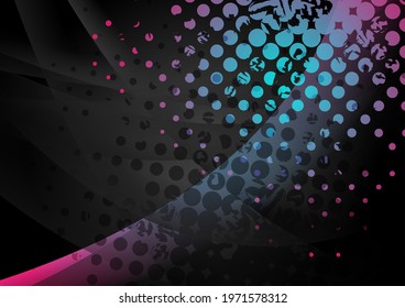 Black abstract wavy background with blue pink grunge halftone dots. Vector retro design